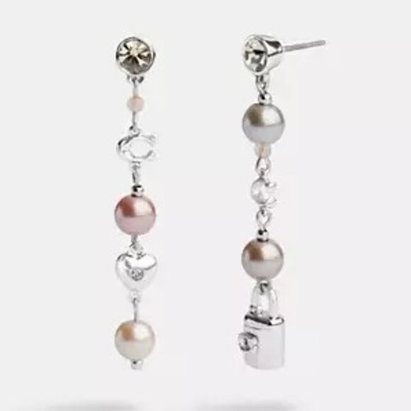 Coach Pearl And Padlock Mismatch Linear Earrings NWT - Picture 1 of 4